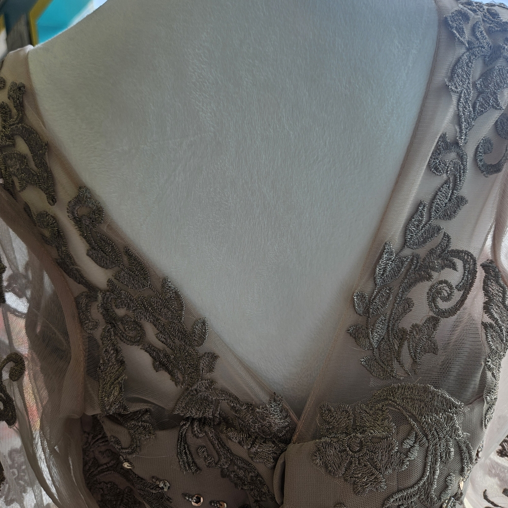Embellished Taupe Long Sleeve Evening Gown - Picture 5 of 8